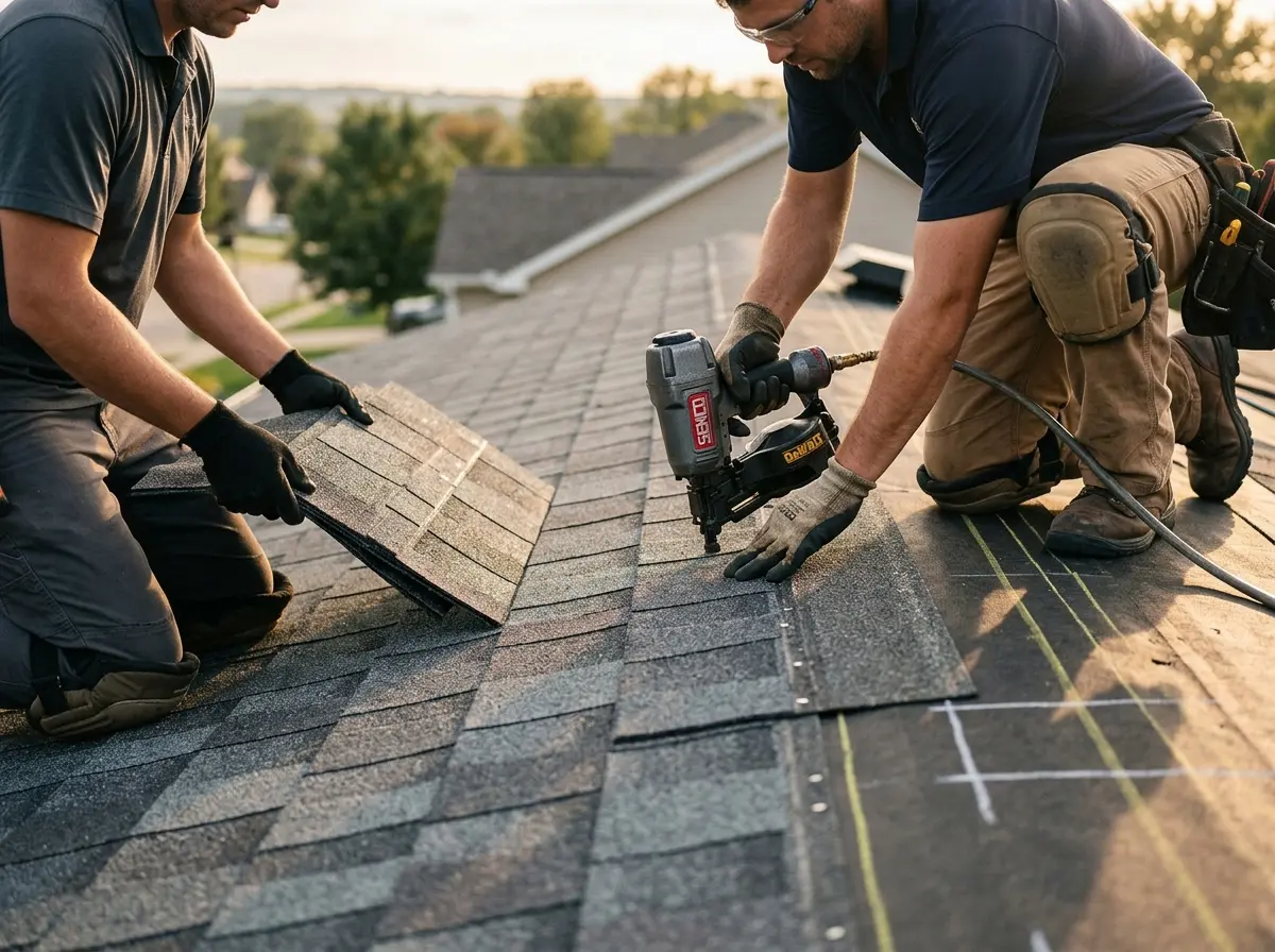 Professional roofer working on a residential roof in Willoughby